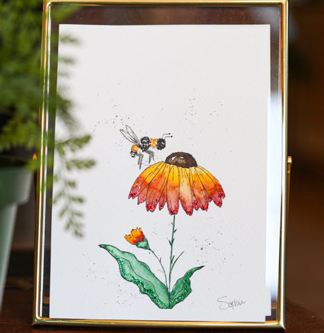 Bee with Flower - watercolor & archival ink (5x7)