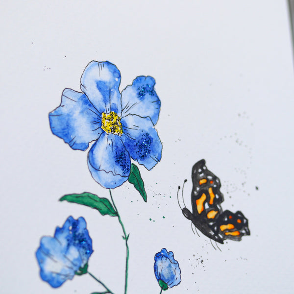 Blues with Butterfly - watercolor & archival ink (5x7)