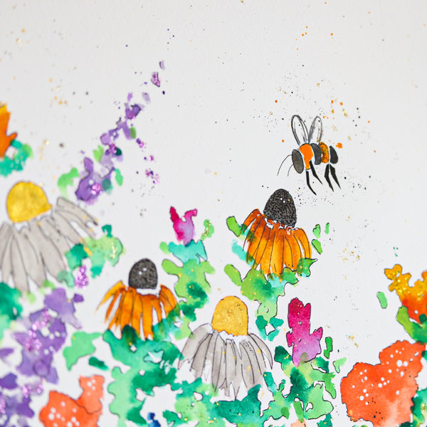 Wild Flowers Field & Bees - watercolor & archival ink  20x20